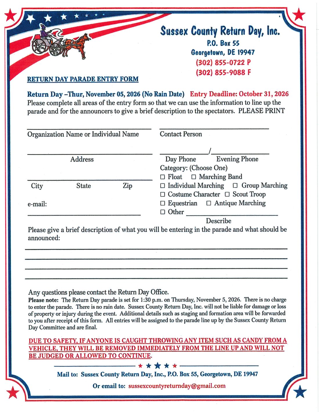 2026 Return Day parade entry form — tap to download the PDF
