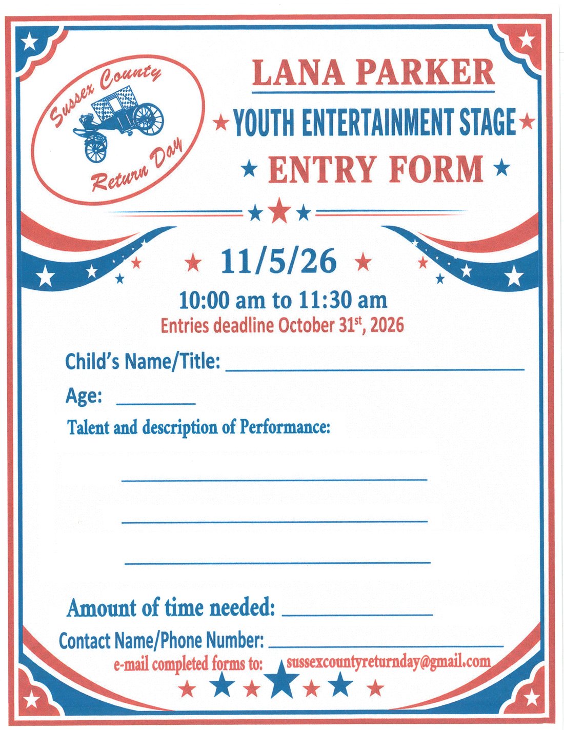 Lana Parker Youth Entertainment Stage entry form — tap to download the PDF