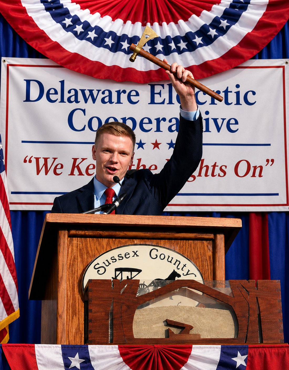 The ceremonial hatchet raised over the box of Lewes sand at Return Day