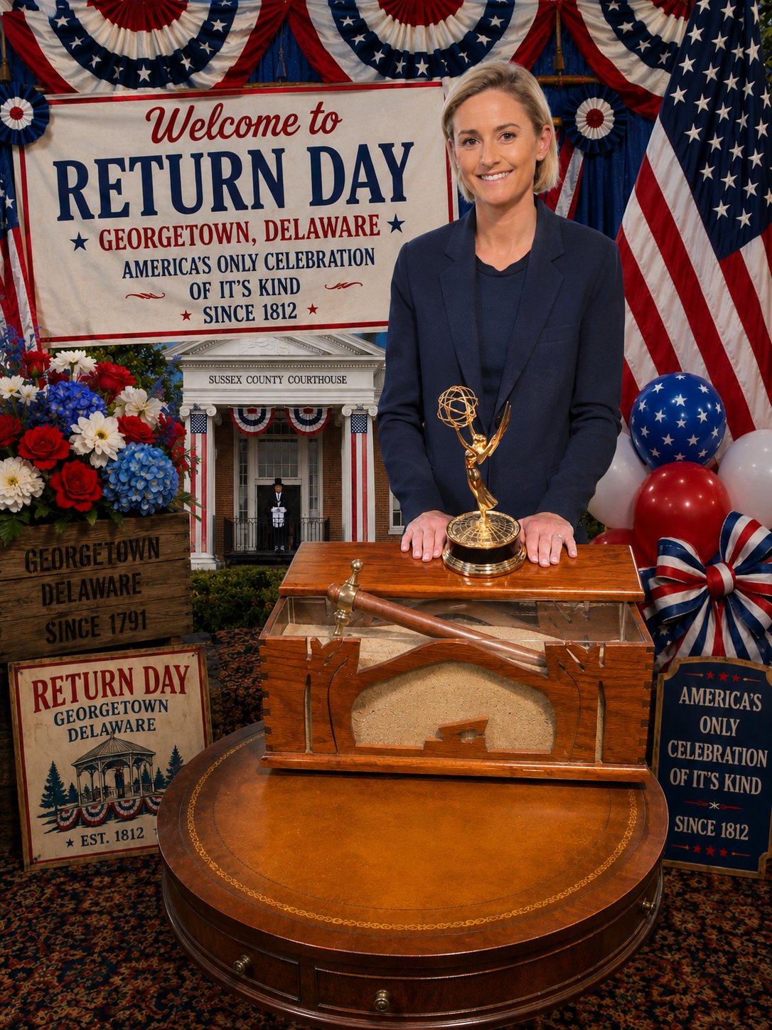 Maddie Overturf with her Emmy Award beside the Return Day hatchet display